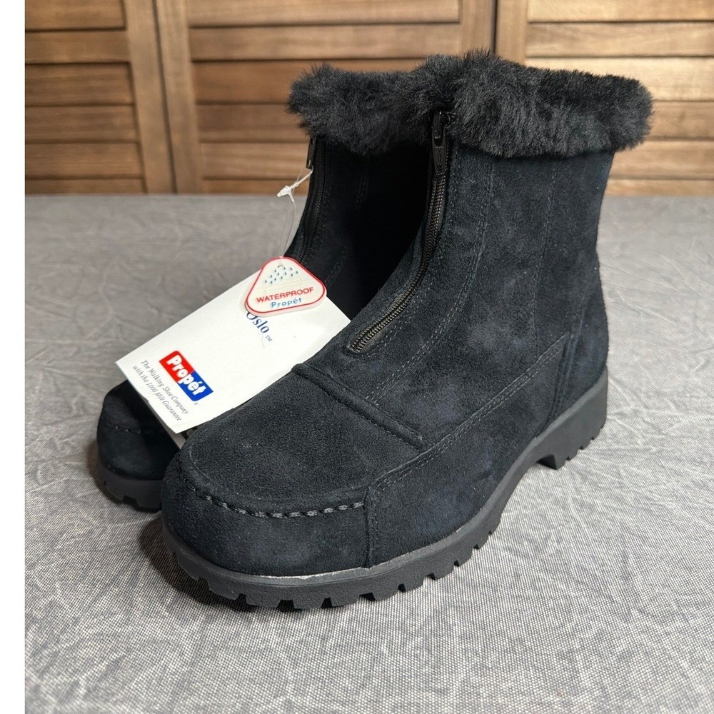 Propet Boots Womens 7 X Oslo Black Suede Waterproof Shearling Zipper WB018 NEW
